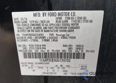 2016 Ford Taurus Sel из США, поврежденный, VIN 1FAHP2E85GG124703